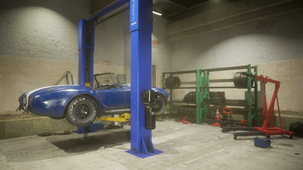 Ringtail Studios 3D Game Prop Art with a blue car in the workshop
